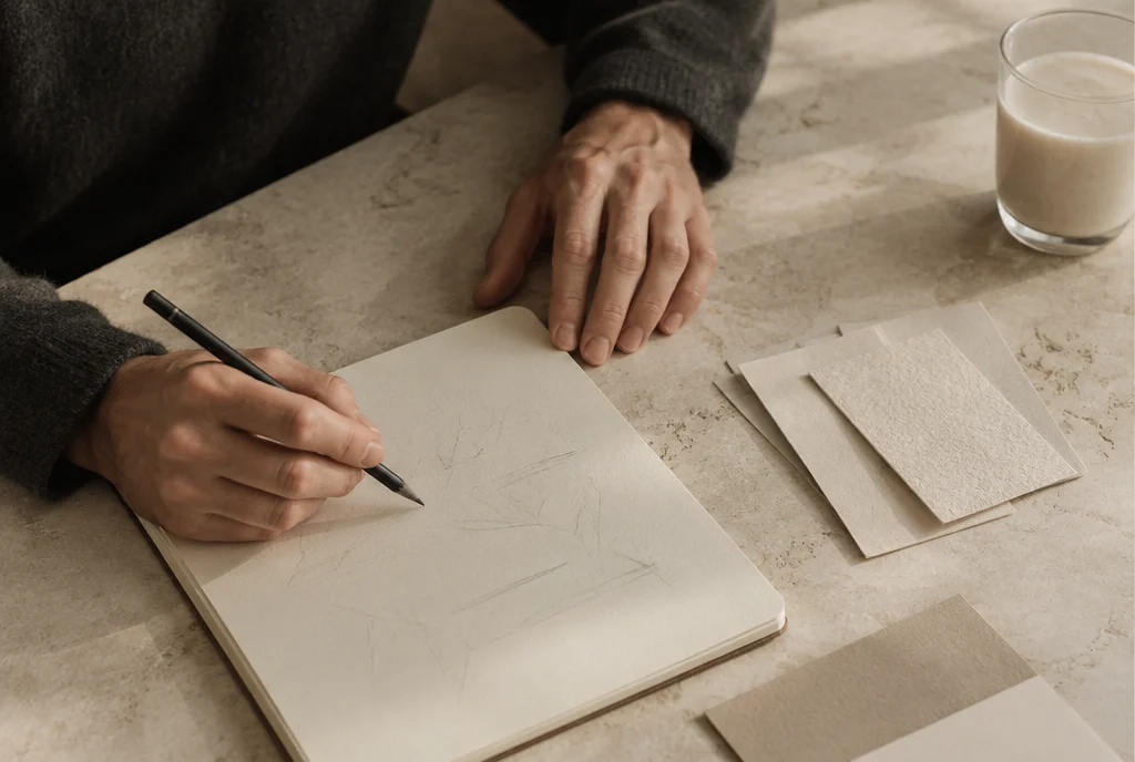Hands with pencil and notebook on a light worktable