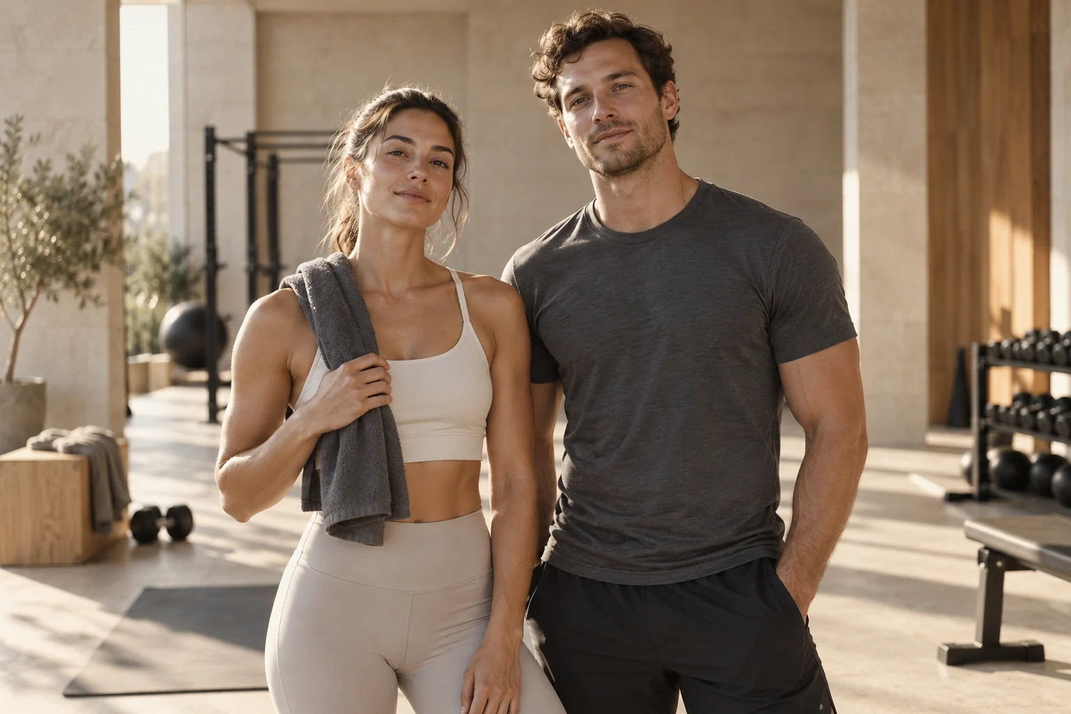Athletic woman and man in a sunlit studio