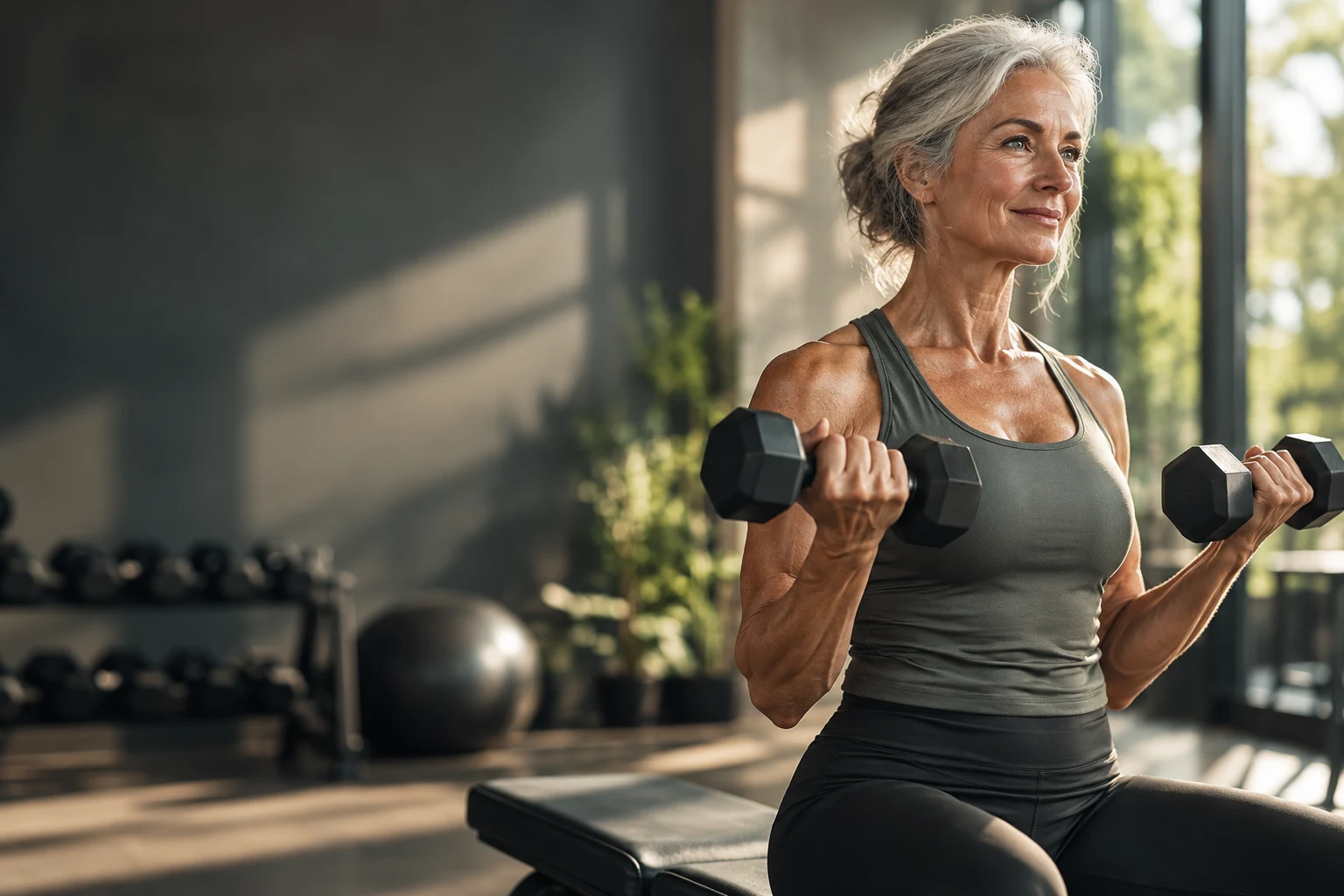 Sportliche Frau beim Hanteltraining in modernem Fitnessstudio