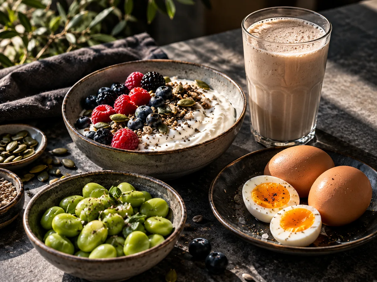 Proteinreiche Lebensmittel wie Skyr, Eier und Hülsenfrüchte neben einem Shake